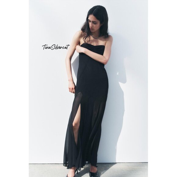 BLOGGER'S FAVE! Zara Semi Sheer Strapless Midi Dress Black NWT - Picture 14 of 14